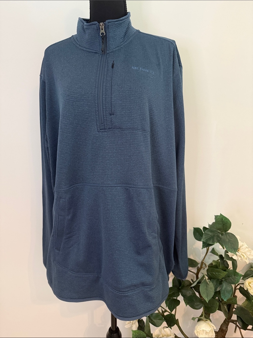 NWOT Merrell Blue Half-Zip Waffle Fleece Pockets Pullover Top XL